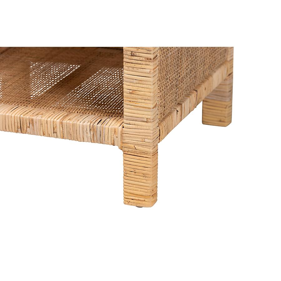 Bohemian Natural Brown Mahogany Wood and Natural Rattan 1-Drawer Nightstand. Picture 7