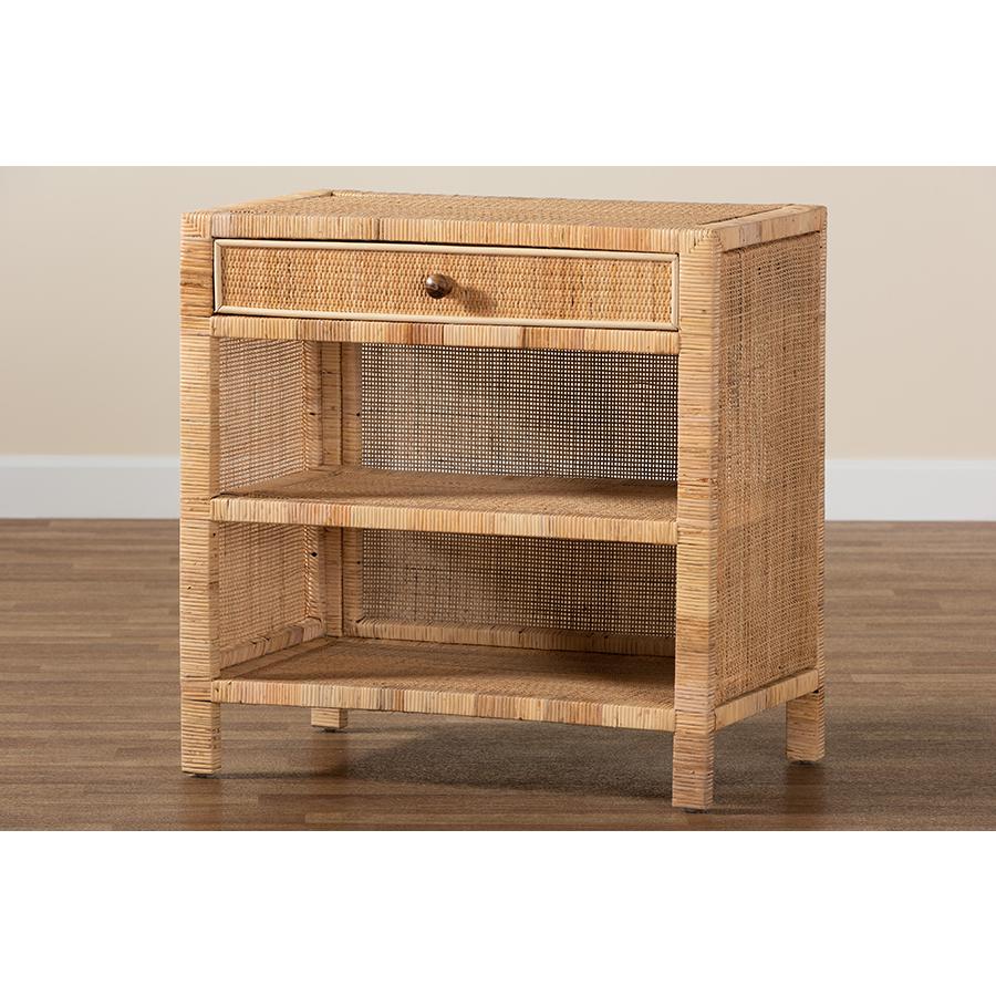 Bohemian Natural Brown Mahogany Wood and Natural Rattan 1-Drawer Console Table. Picture 10