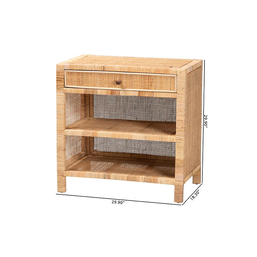 Bohemian Natural Brown Mahogany Wood and Natural Rattan 1-Drawer Console Table. Picture 11