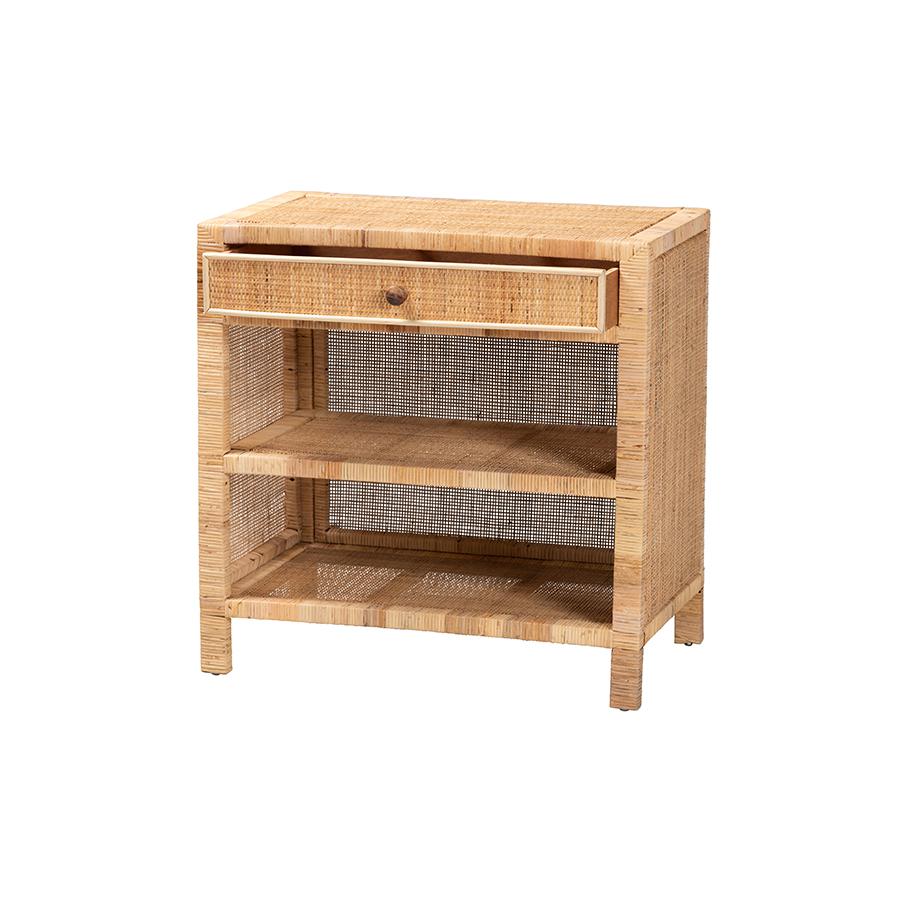 Bohemian Natural Brown Mahogany Wood and Natural Rattan 1-Drawer Console Table. Picture 2