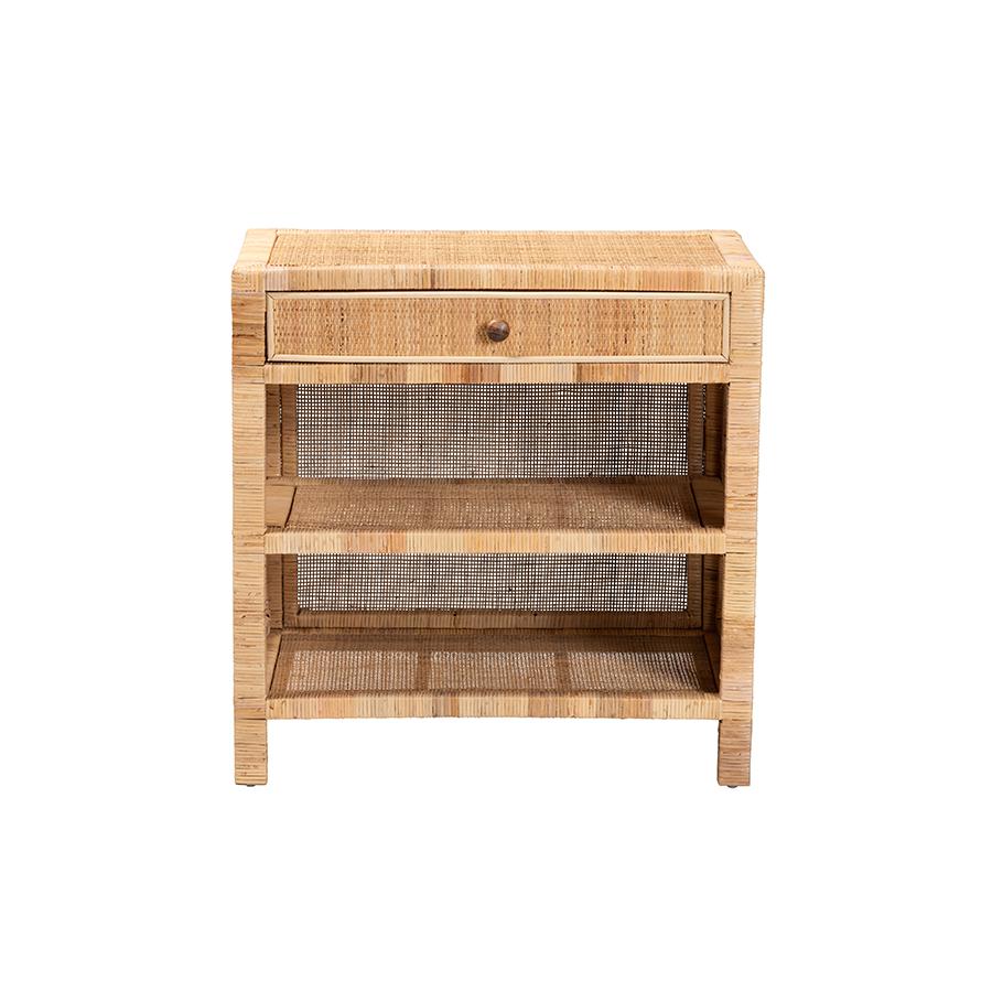 Bohemian Natural Brown Mahogany Wood and Natural Rattan 1-Drawer Console Table. Picture 3