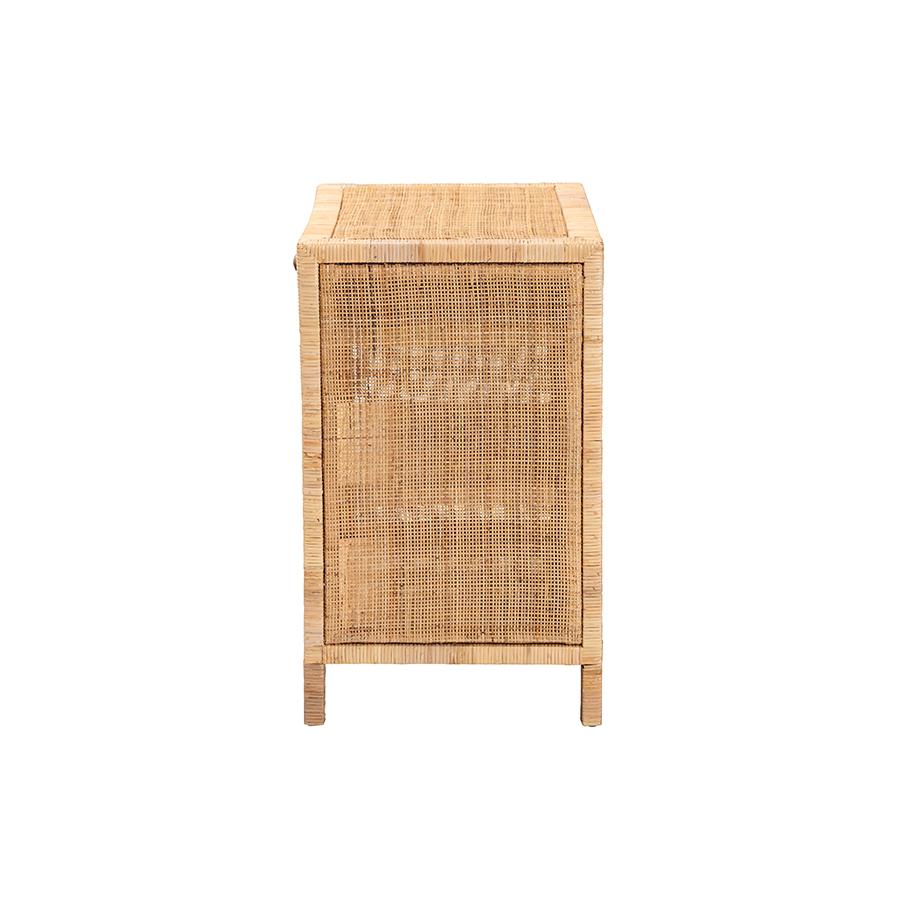 Bohemian Natural Brown Mahogany Wood and Natural Rattan 1-Drawer Console Table. Picture 4