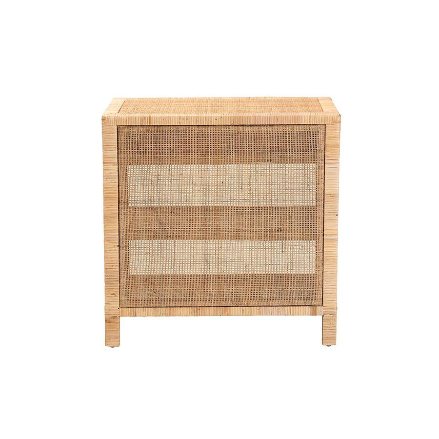 Bohemian Natural Brown Mahogany Wood and Natural Rattan 1-Drawer Console Table. Picture 5