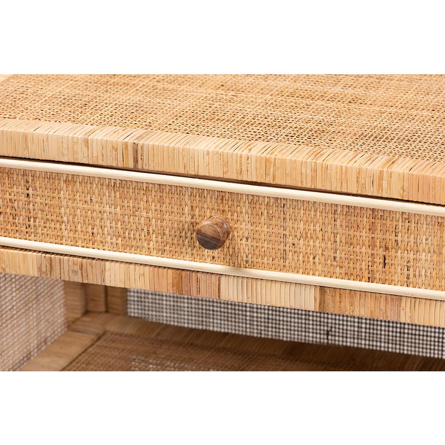 Bohemian Natural Brown Mahogany Wood and Natural Rattan 1-Drawer Console Table. Picture 6