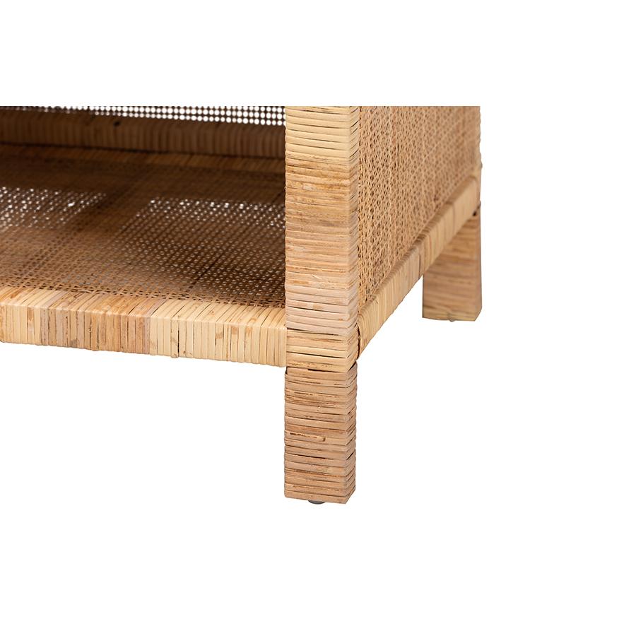 Bohemian Natural Brown Mahogany Wood and Natural Rattan 1-Drawer Console Table. Picture 7