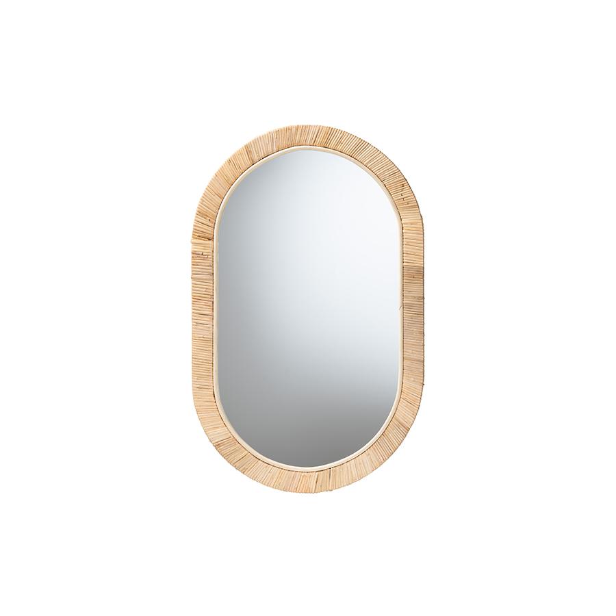 Modern Bohemian Natural Brown Mahogany Wood and Natural Rattan Oval Mirror. Picture 1