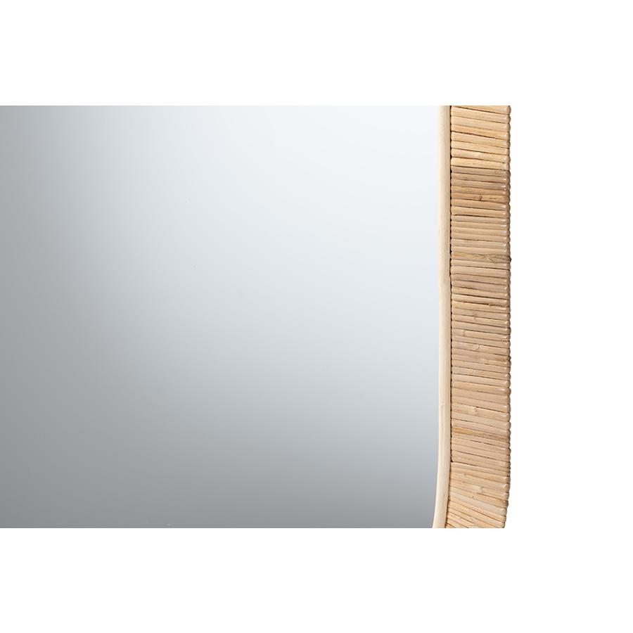 Modern Bohemian Natural Brown Mahogany Wood and Natural Rattan Oval Mirror. Picture 2