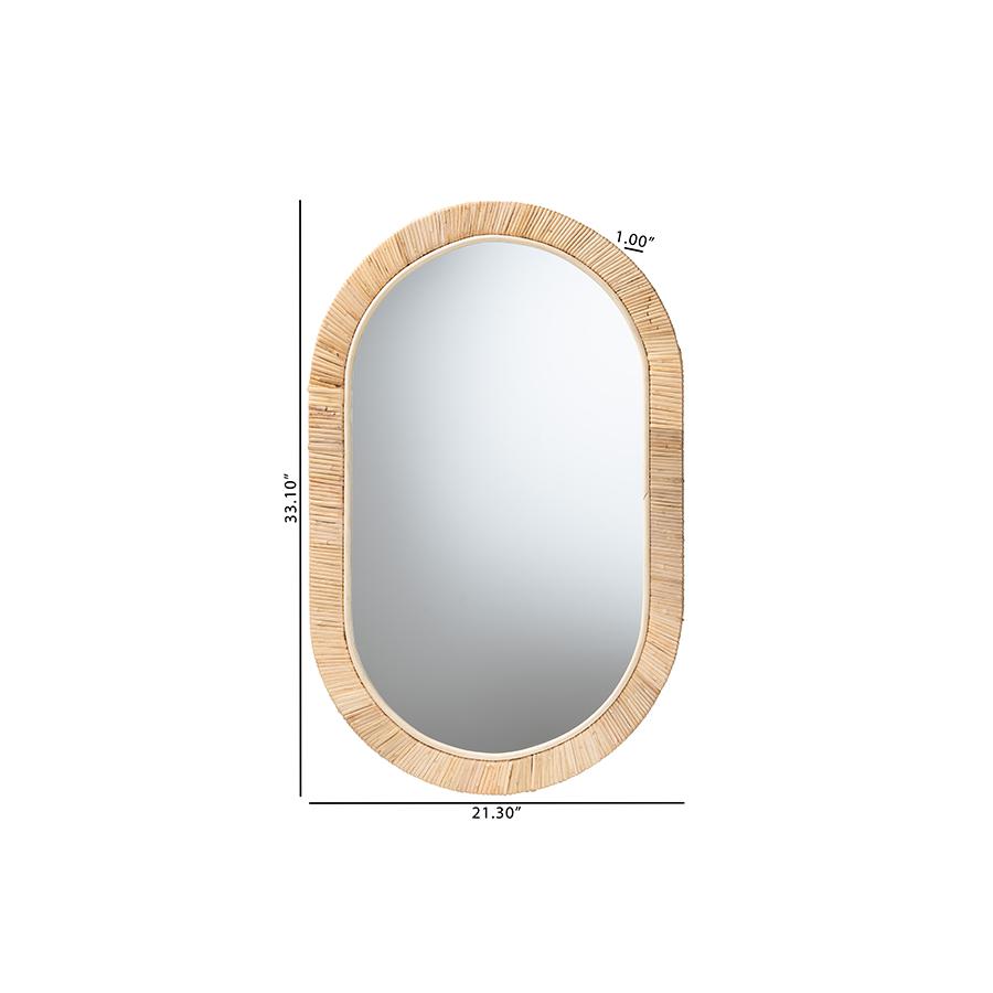 Modern Bohemian Natural Brown Mahogany Wood and Natural Rattan Oval Mirror. Picture 4