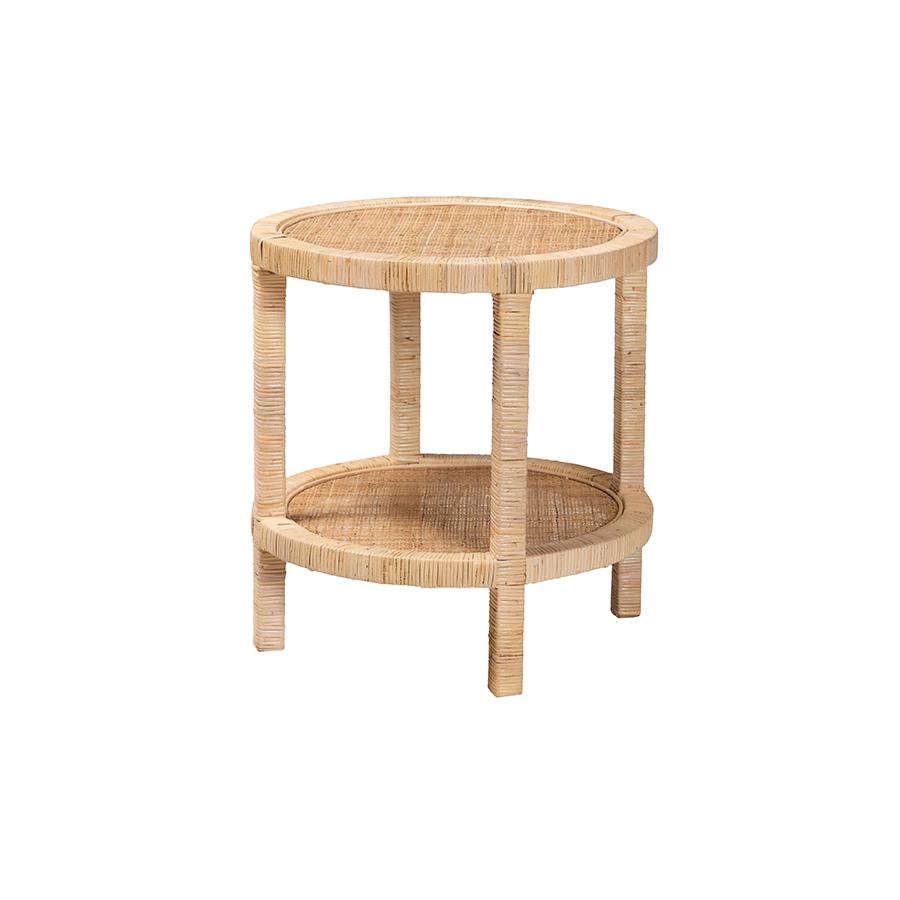 Bohemian Natural Brown Mahogany Wood and Natural Rattan 2-Tier End Table. Picture 1