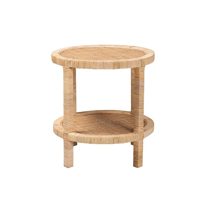 Bohemian Natural Brown Mahogany Wood and Natural Rattan 2-Tier End Table. Picture 2