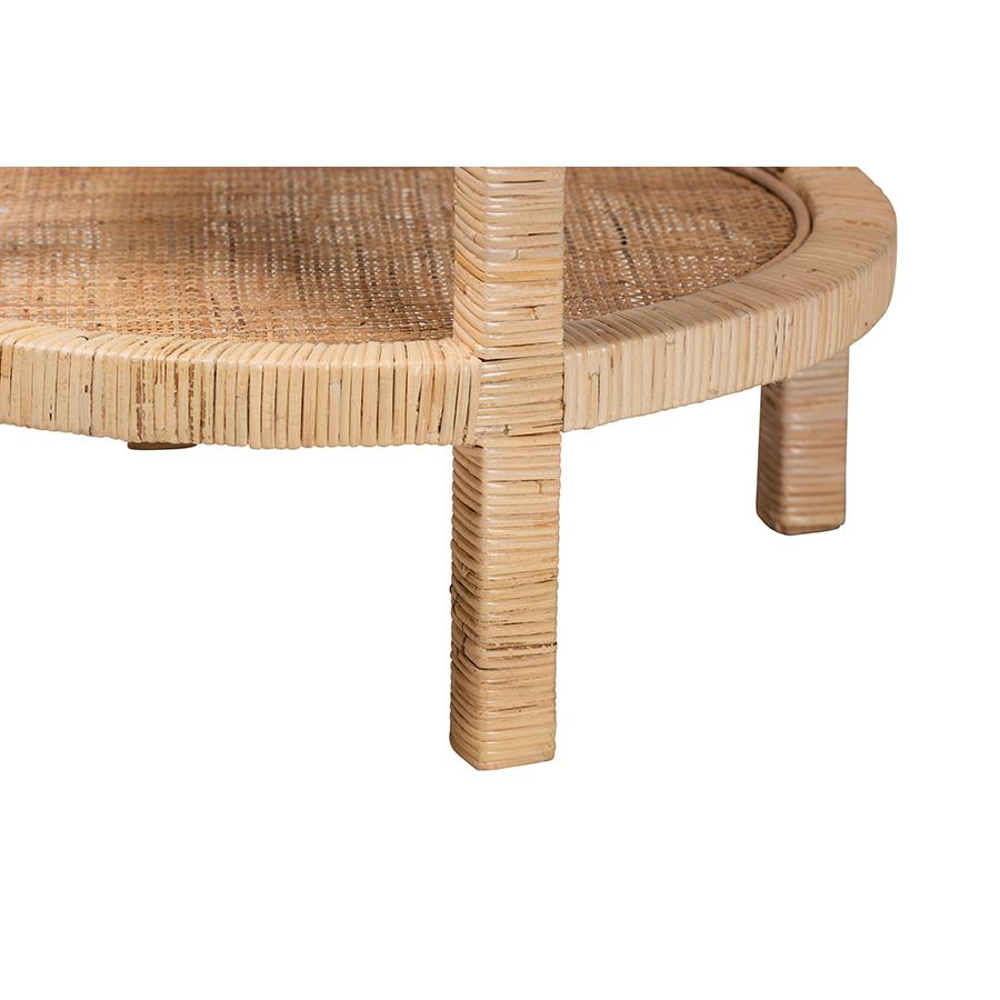 Bohemian Natural Brown Mahogany Wood and Natural Rattan 2-Tier End Table. Picture 3