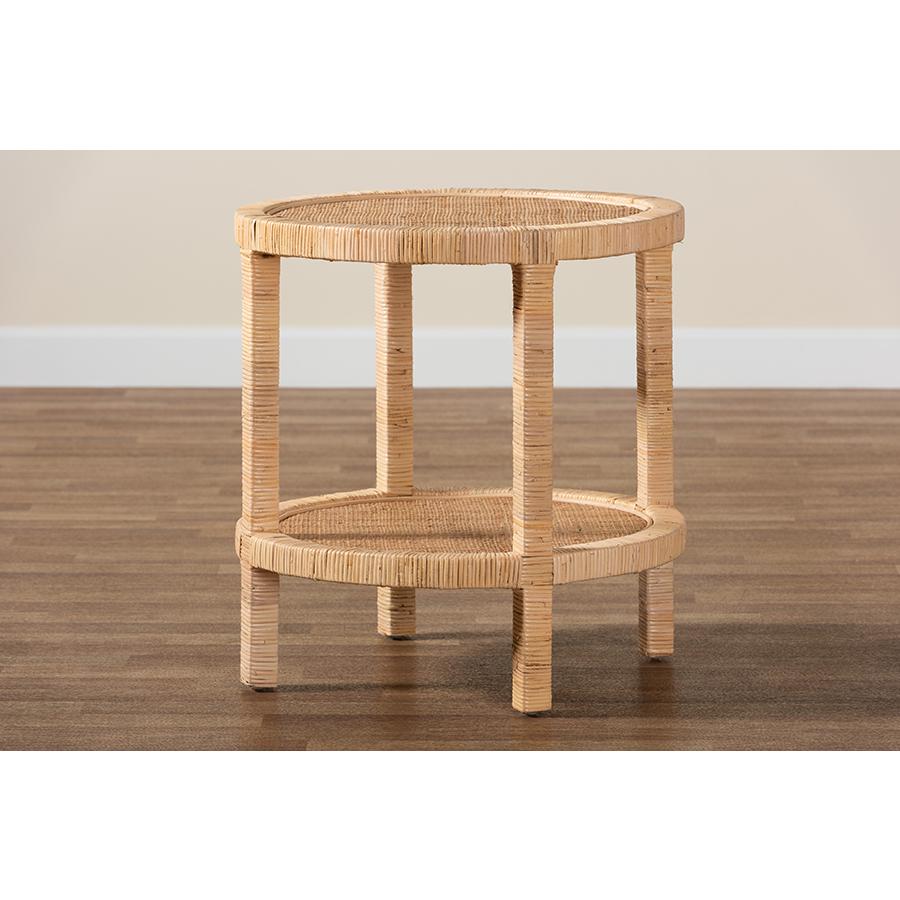Bohemian Natural Brown Mahogany Wood and Natural Rattan 2-Tier End Table. Picture 7