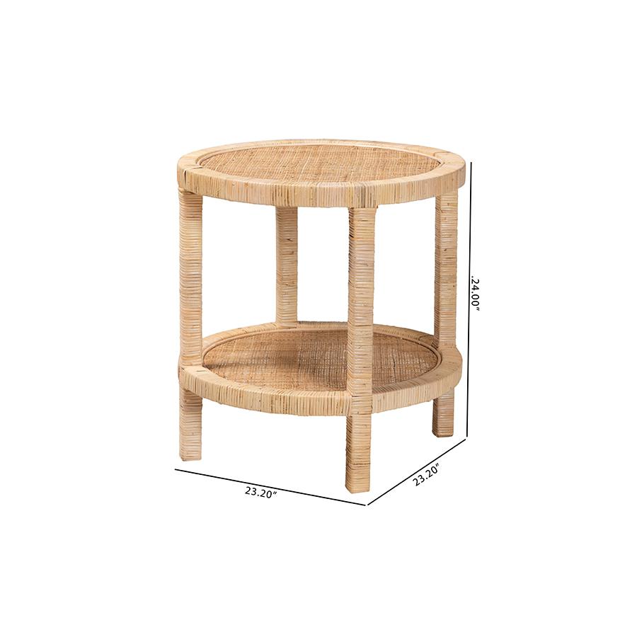 Bohemian Natural Brown Mahogany Wood and Natural Rattan 2-Tier End Table. Picture 8