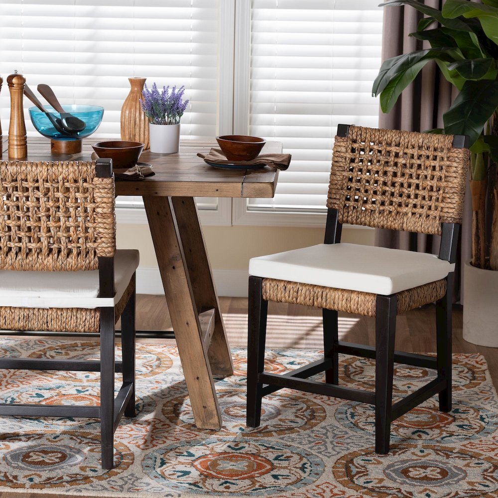 Bohemian Dark Brown Mahogany Wood and Seagrass Dining Chair. Picture 2