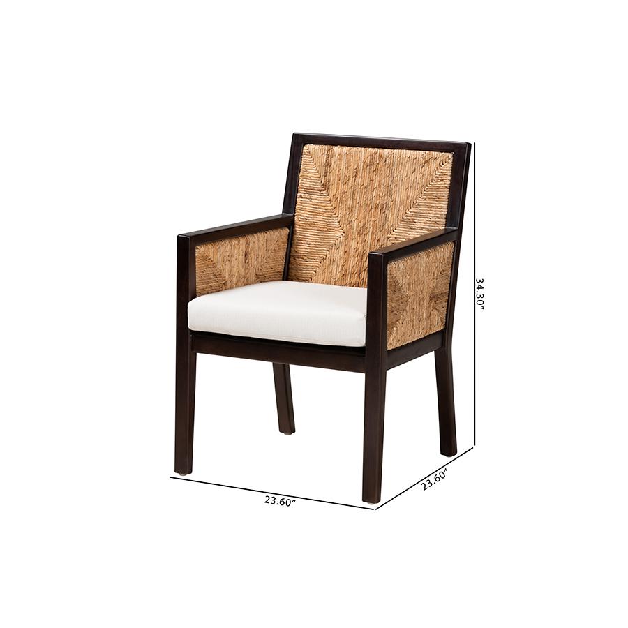 Bohemian Dark Brown Mahogany Wood and Natural Seagrass Dining Arm Chair. Picture 10