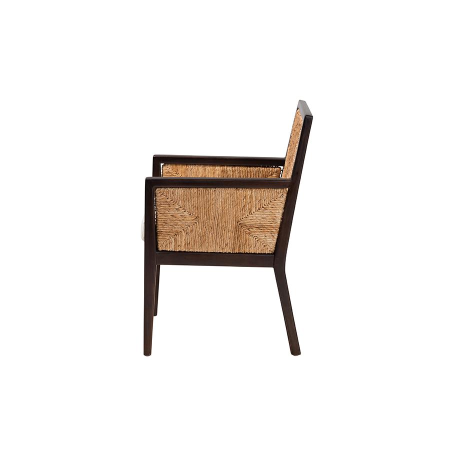 Bohemian Dark Brown Mahogany Wood and Natural Seagrass Dining Arm Chair. Picture 3