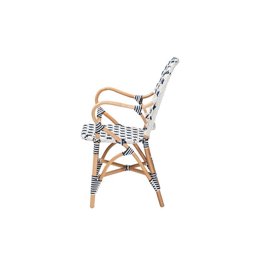 French Blue and White Weaving and Natural Rattan Bistro Chair. Picture 3