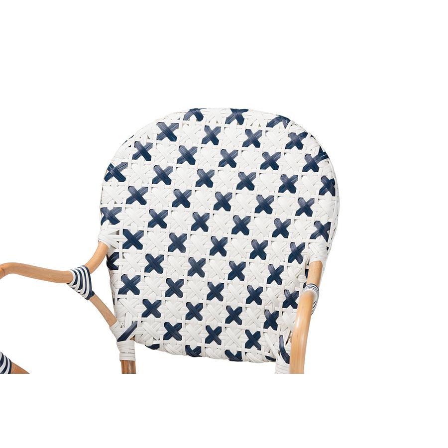 French Blue and White Weaving and Natural Rattan Bistro Chair. Picture 5