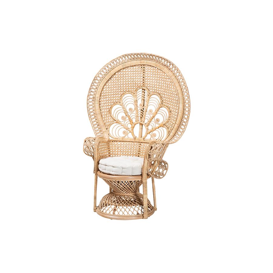 bali & pari Ediva Modern Bohemian Natural Brown Rattan Peacock Accent Chair. Picture 1