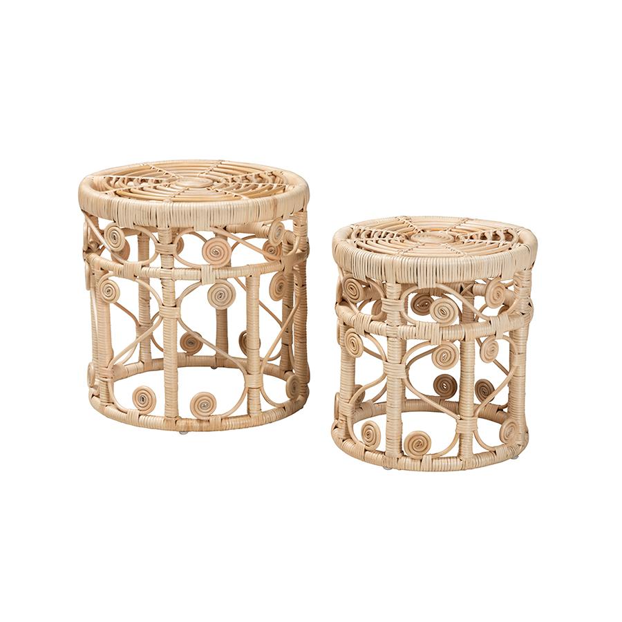 Bohemian Natural Brown Rattan 2-Piece Nesting End Table Set. Picture 1