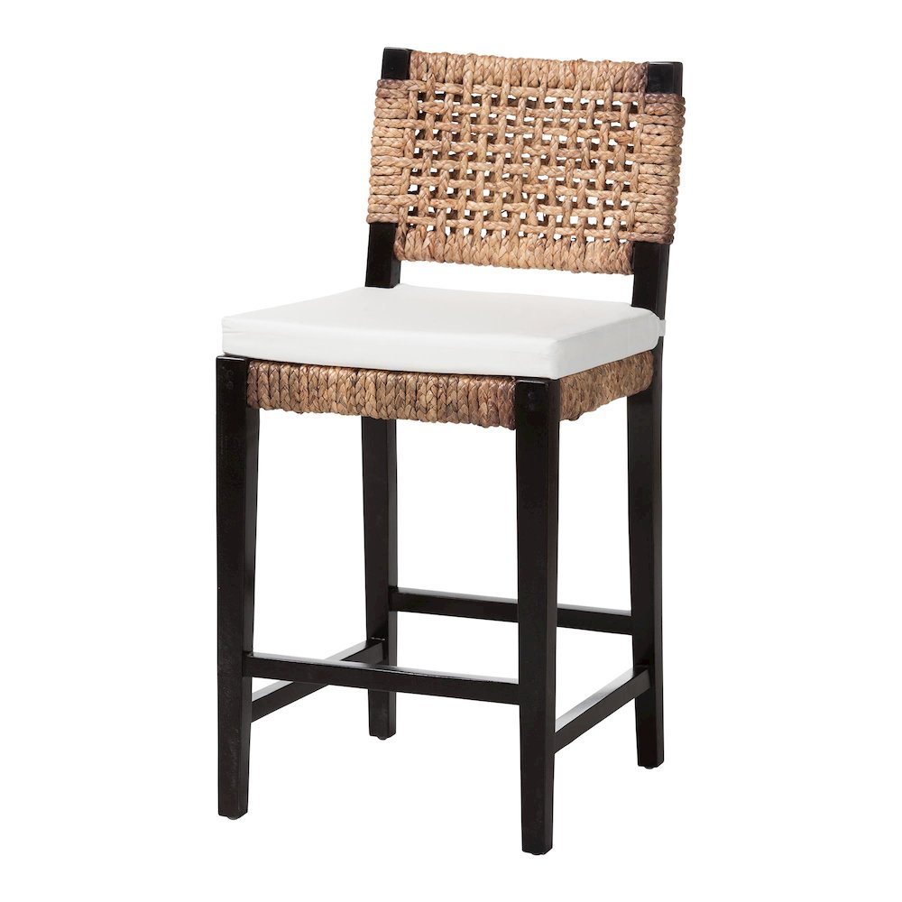 Bohemian Dark Brown Mahogany Wood and Seagrass Counter Stool. Picture 1