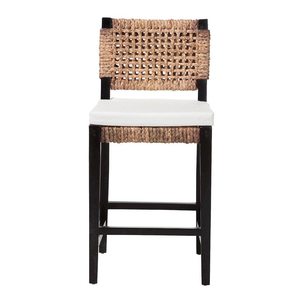 Bohemian Dark Brown Mahogany Wood and Seagrass Counter Stool. Picture 3
