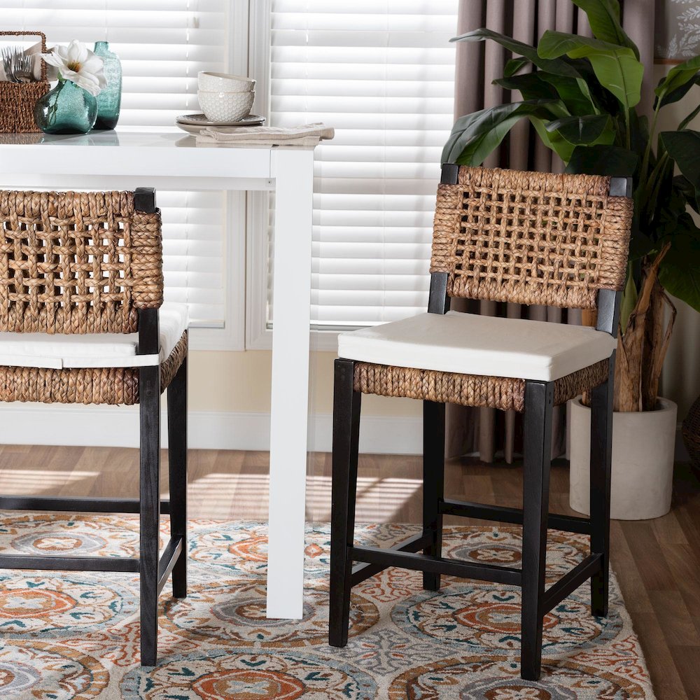 Bohemian Dark Brown Mahogany Wood and Seagrass Counter Stool. Picture 2