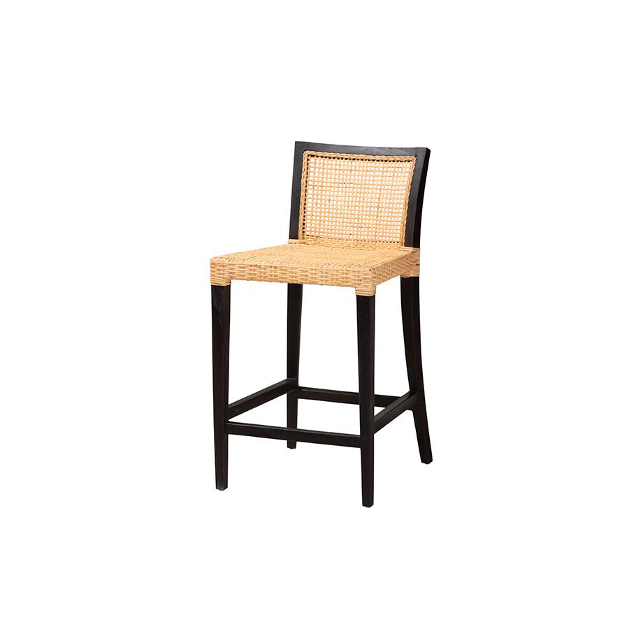Bohemian Dark Brown Mahogany Wood and Natural Rattan Counter Stool. Picture 1