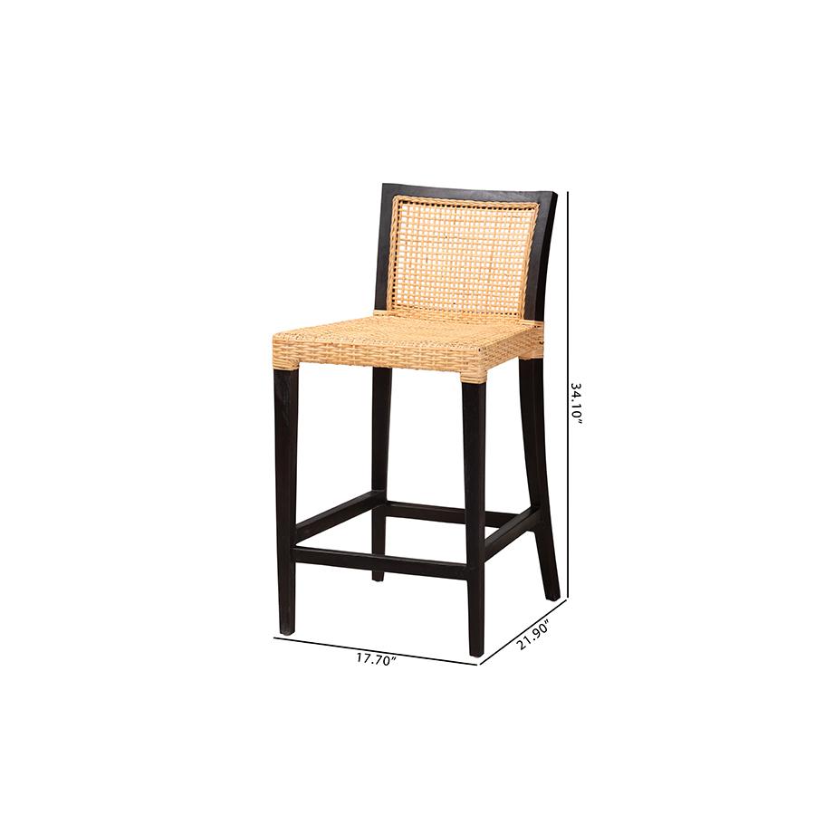 Bohemian Dark Brown Mahogany Wood and Natural Rattan Counter Stool. Picture 10