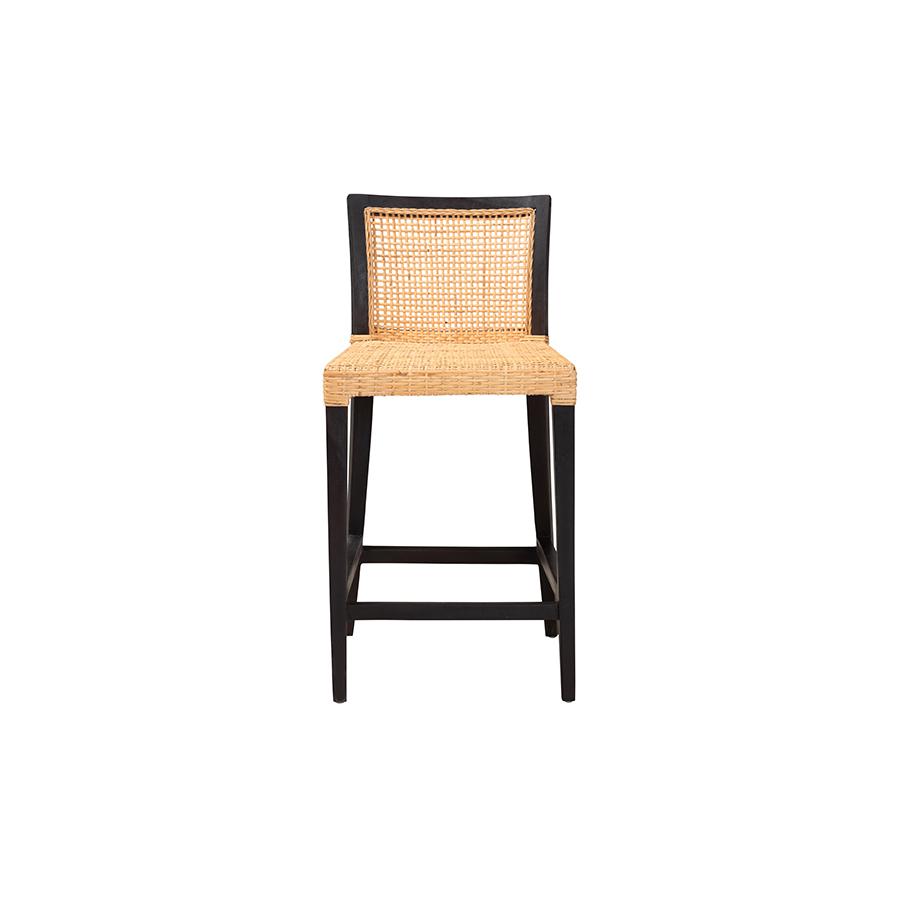 Bohemian Dark Brown Mahogany Wood and Natural Rattan Counter Stool. Picture 2