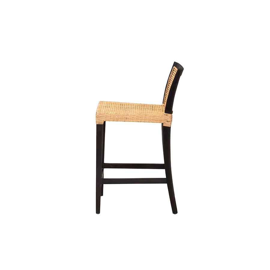Bohemian Dark Brown Mahogany Wood and Natural Rattan Counter Stool. Picture 3
