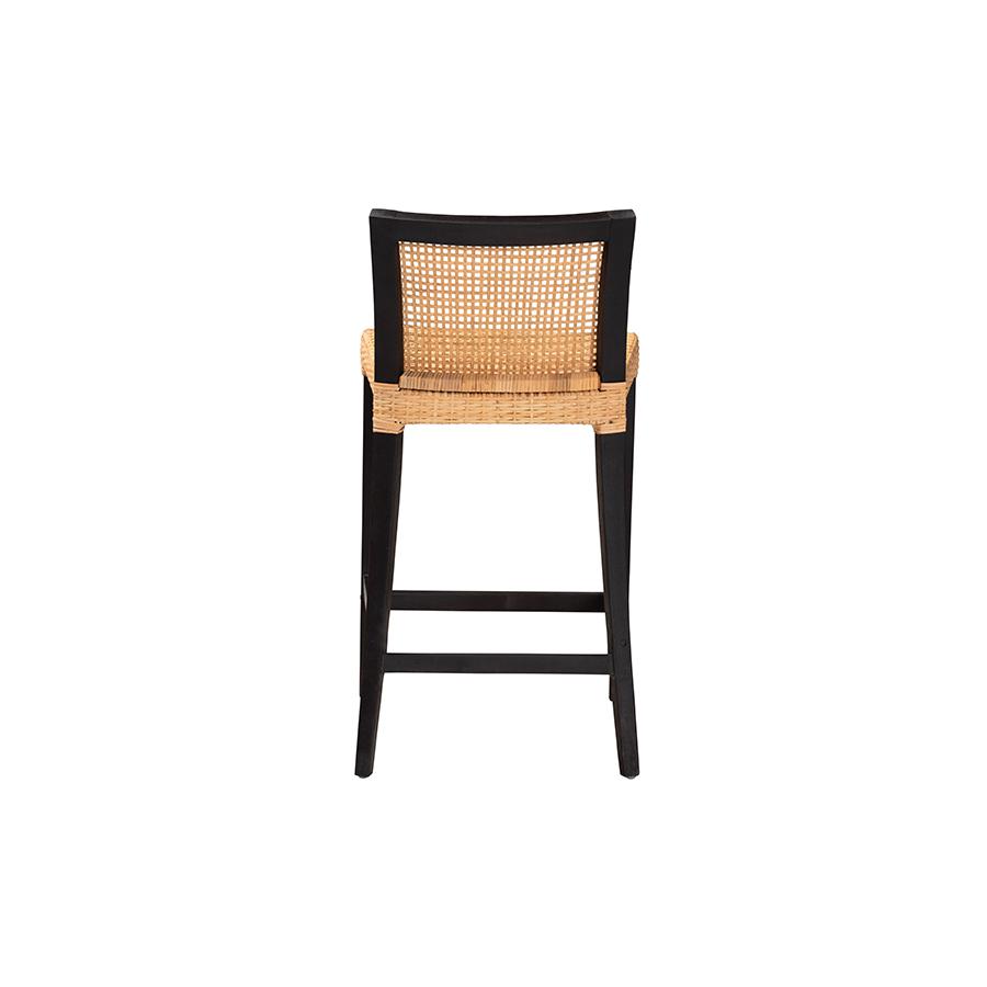 Bohemian Dark Brown Mahogany Wood and Natural Rattan Counter Stool. Picture 4