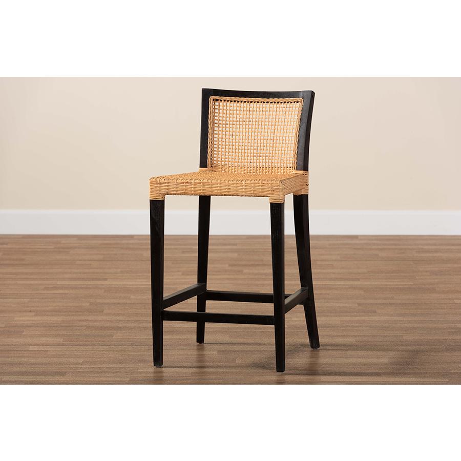 Bohemian Dark Brown Mahogany Wood and Natural Rattan Counter Stool. Picture 9