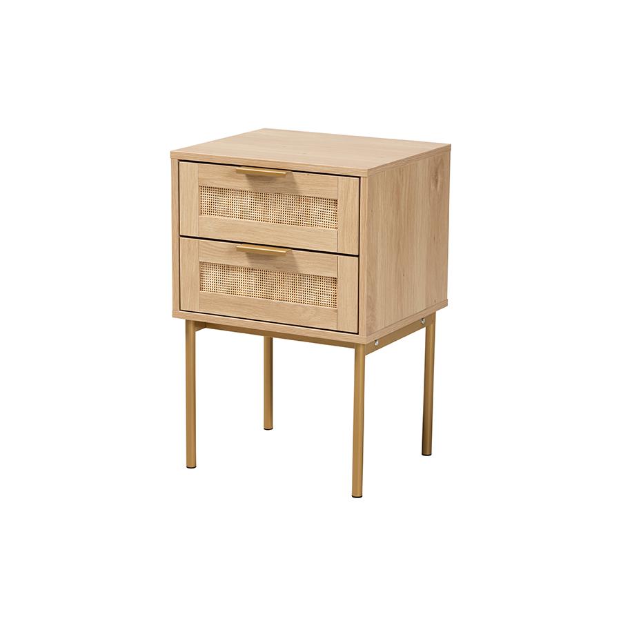 Dewitt Japandi Light Brown Finished Wood and Gold Metal 2-Drawer End Table. Picture 1
