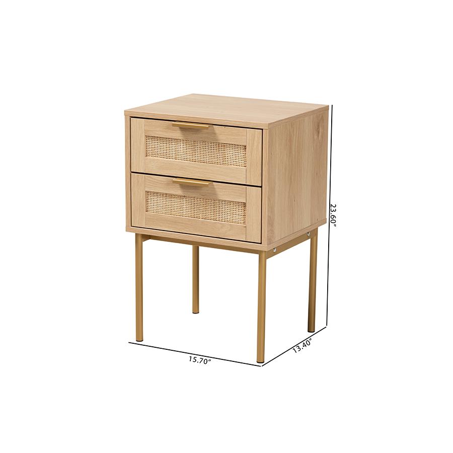 Dewitt Japandi Light Brown Finished Wood and Gold Metal 2-Drawer End Table. Picture 10