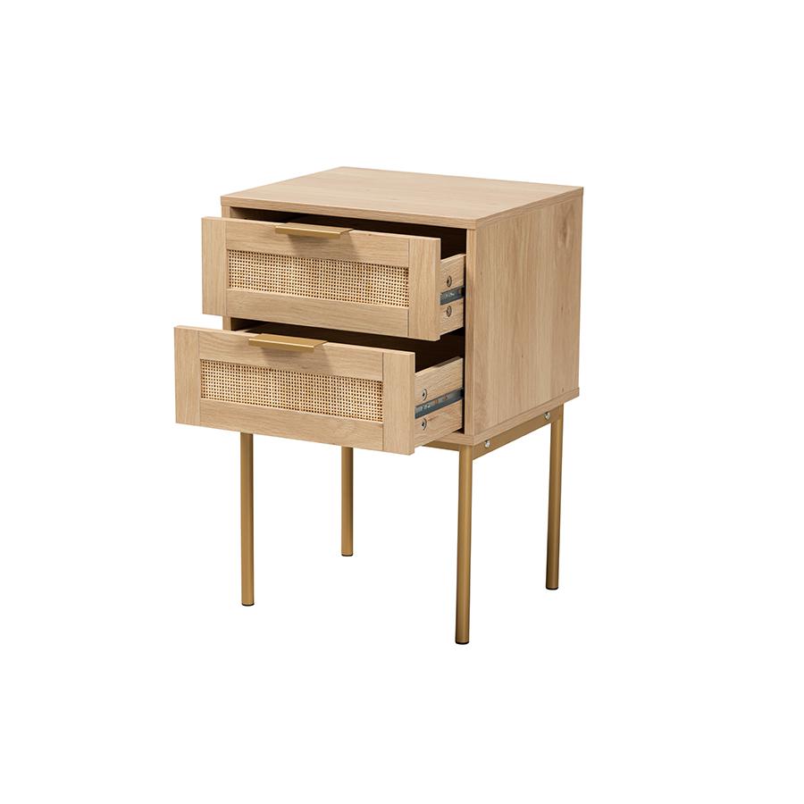 Dewitt Japandi Light Brown Finished Wood and Gold Metal 2-Drawer End Table. Picture 2
