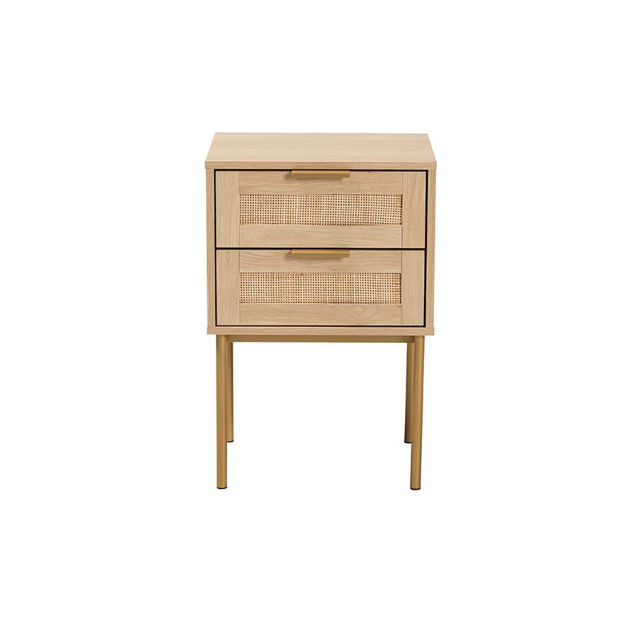 Dewitt Japandi Light Brown Finished Wood and Gold Metal 2-Drawer End Table. Picture 3