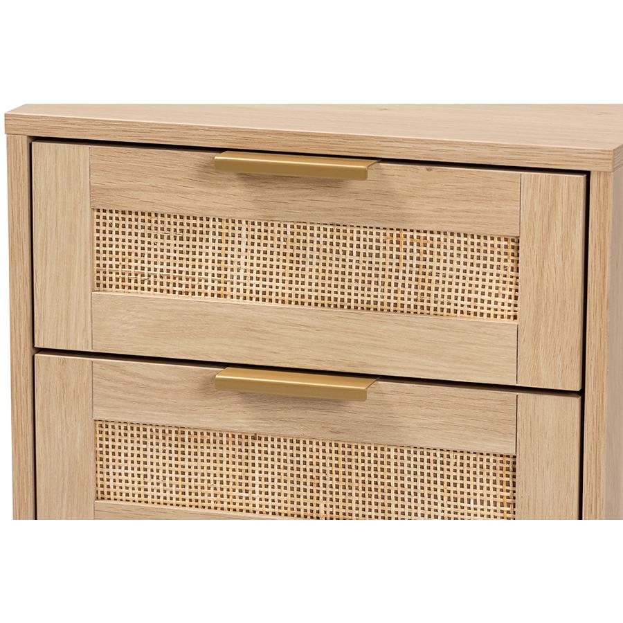 Dewitt Japandi Light Brown Finished Wood and Gold Metal 2-Drawer End Table. Picture 5