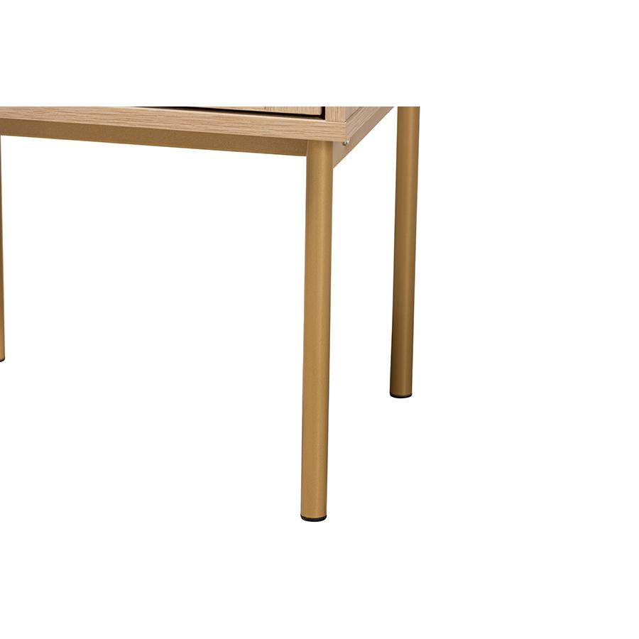 Dewitt Japandi Light Brown Finished Wood and Gold Metal 2-Drawer End Table. Picture 6