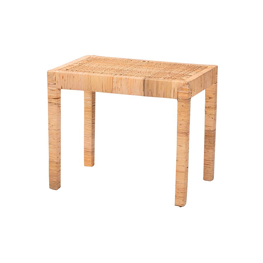 Bohemian Natural Rattan and Mahogany Wood Short Accent Bench. Picture 1