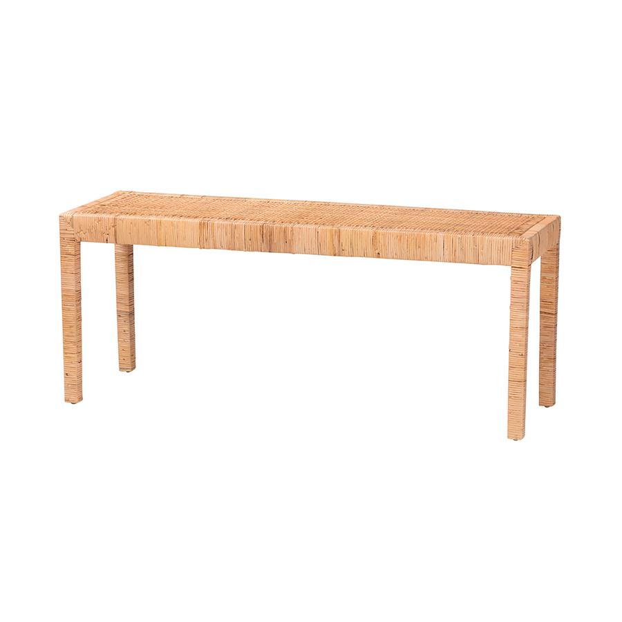 Bohemian Natural Rattan and Mahogany Wood Long Accent Bench. Picture 1