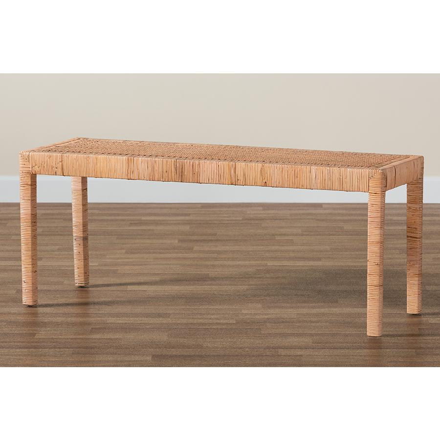 Bohemian Natural Rattan and Mahogany Wood Long Accent Bench. Picture 7