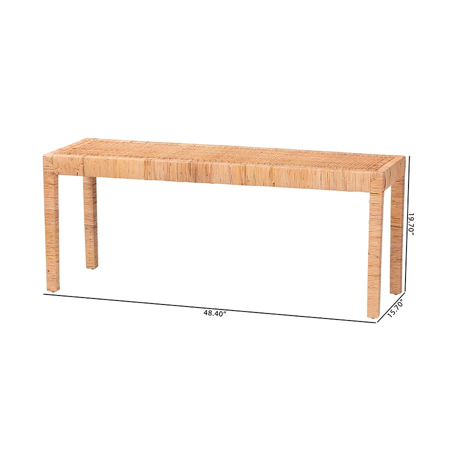Bohemian Natural Rattan and Mahogany Wood Long Accent Bench. Picture 8