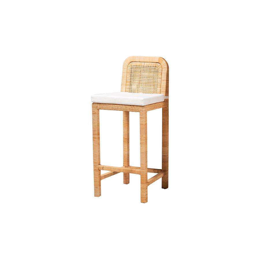Bohemian Natural Brown Rattan and Mahogany Wood Bar Stool. Picture 1