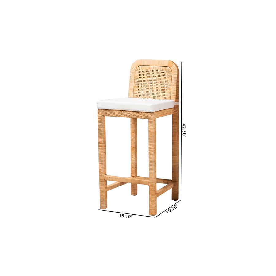 Bohemian Natural Brown Rattan and Mahogany Wood Bar Stool. Picture 10