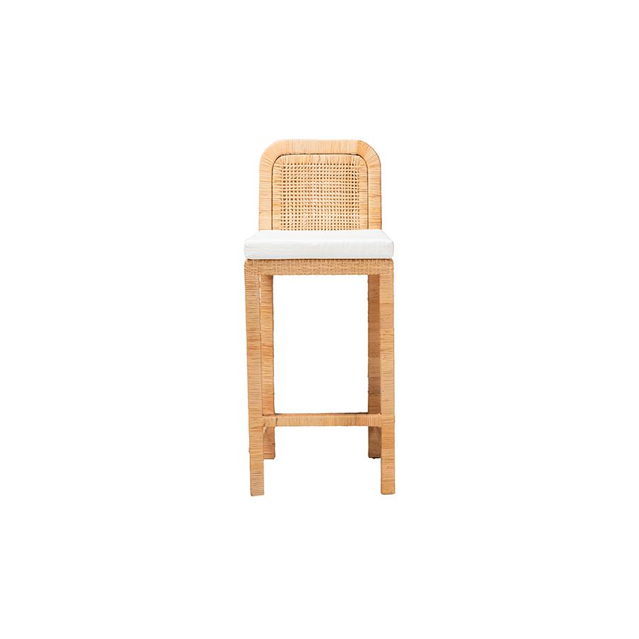 Bohemian Natural Brown Rattan and Mahogany Wood Bar Stool. Picture 2