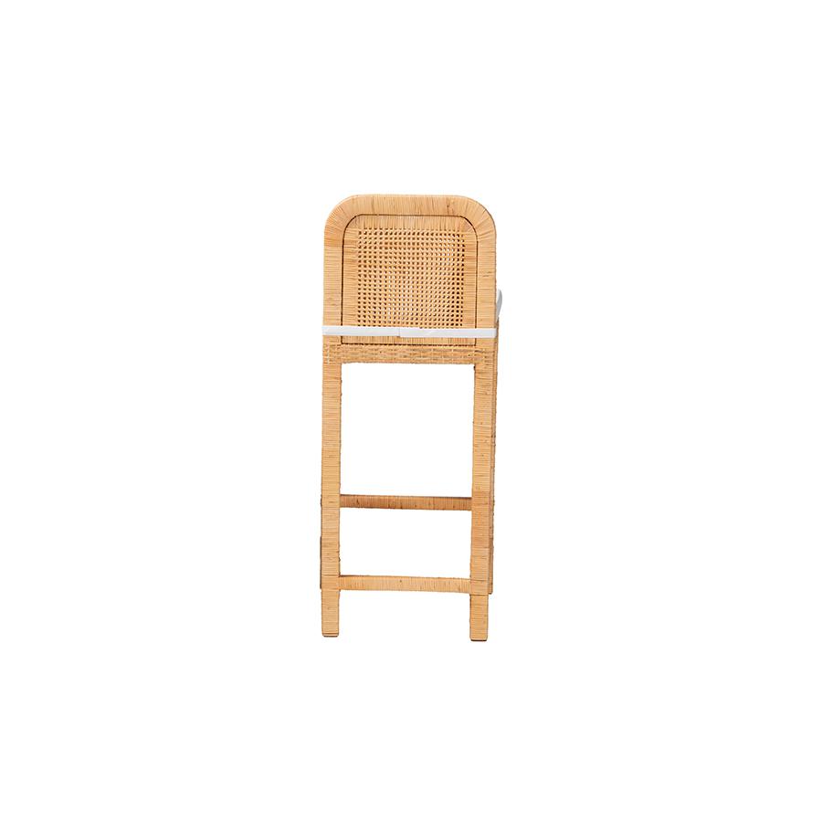 Bohemian Natural Brown Rattan and Mahogany Wood Bar Stool. Picture 4