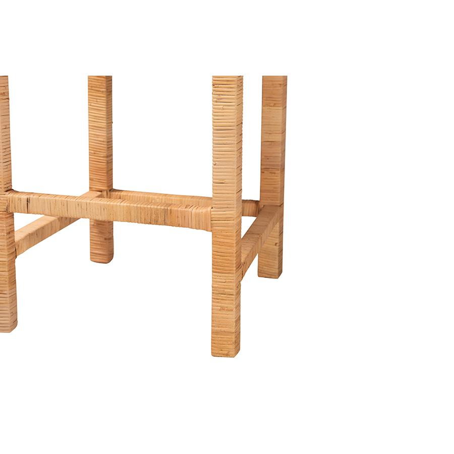 Bohemian Natural Brown Rattan and Mahogany Wood Bar Stool. Picture 6