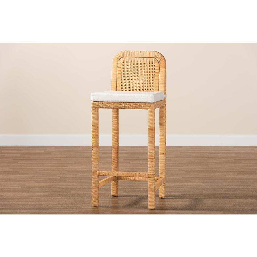 Bohemian Natural Brown Rattan and Mahogany Wood Bar Stool. Picture 9
