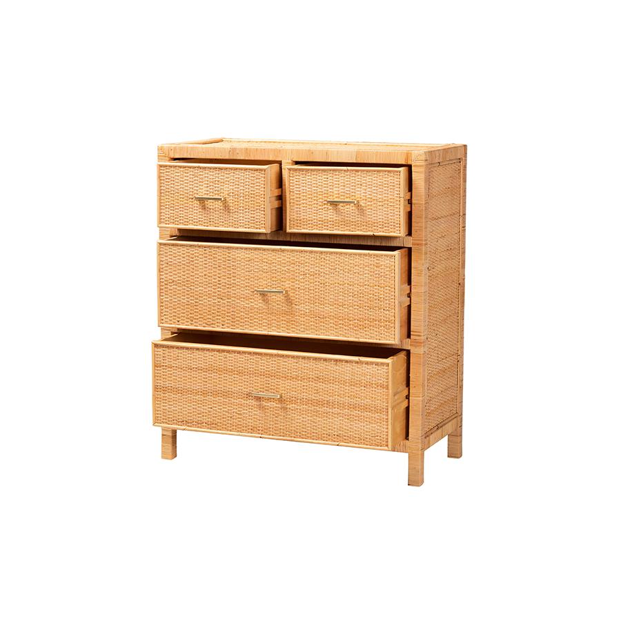 Bohemian Natural Brown Rattan and Mahogany Wood Storage Cabinet. Picture 3